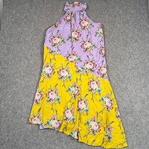 Anthropologie Purple Yellow Floral Silk Sleeveless‎ Asymmetrical Dress Women's L